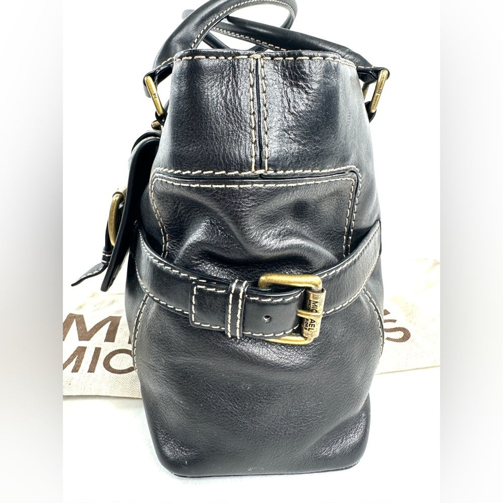 Michael Kors Black Leather Medium Shoulder Bag Side Belted Brass Logo Buckles - Picture 4 of 13